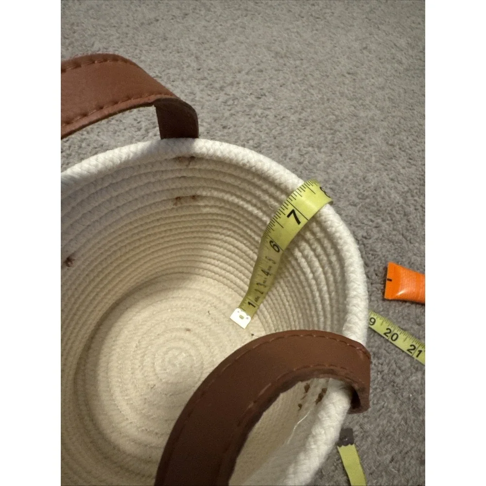 Peace Love World Woven Cream Small Basket Leather Handles Heart